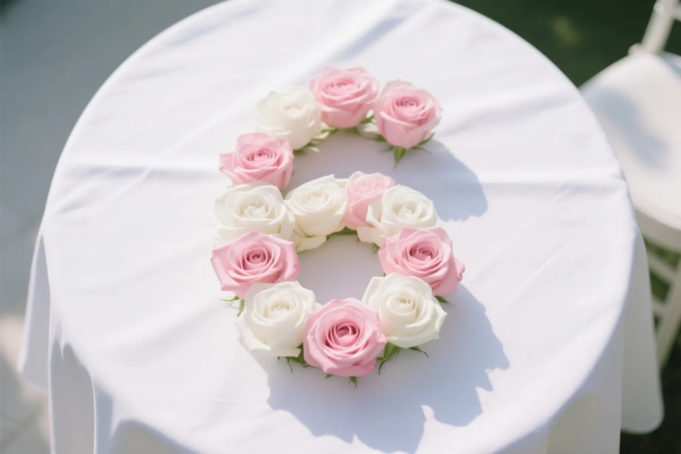 Roze en witte rozen vormen afwisselend het cijfer 6 op een wit tafellaken in het zonlicht, van bovenaf gezien.