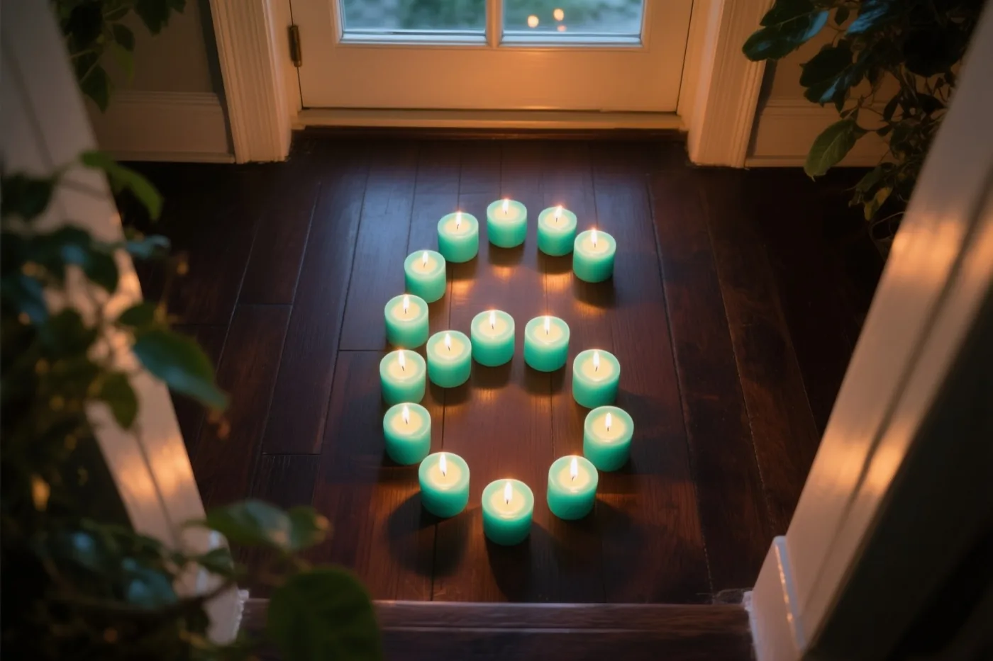 Vanuit een deuropening met planten aan weerszijden zie je brandende theelichtjes in de vorm van een 6 op een donkere houten vloer.