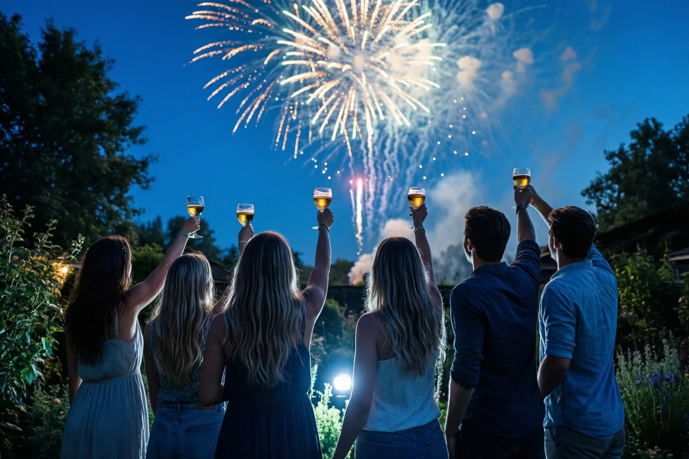 Zes vrienden staan met hun rug naar de kijker in een tuin en heffen wijnglazen naar goudgeel vuurwerk in een diepblauwe avondlucht.