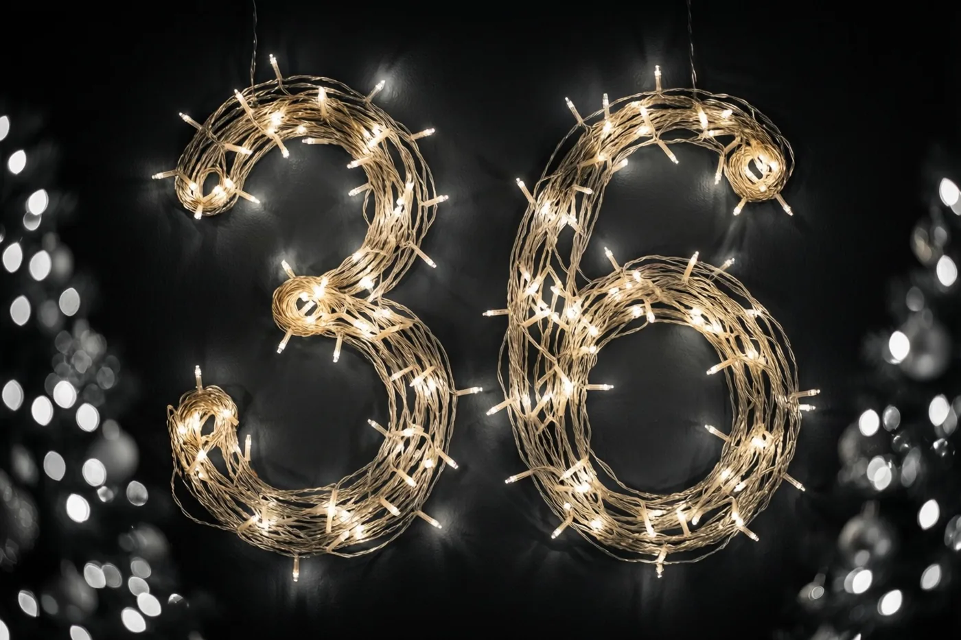 Warme lichtslingers vormen het getal 36 tegen een donkere muur, met onscherpe lichtjes op de achtergrond.
