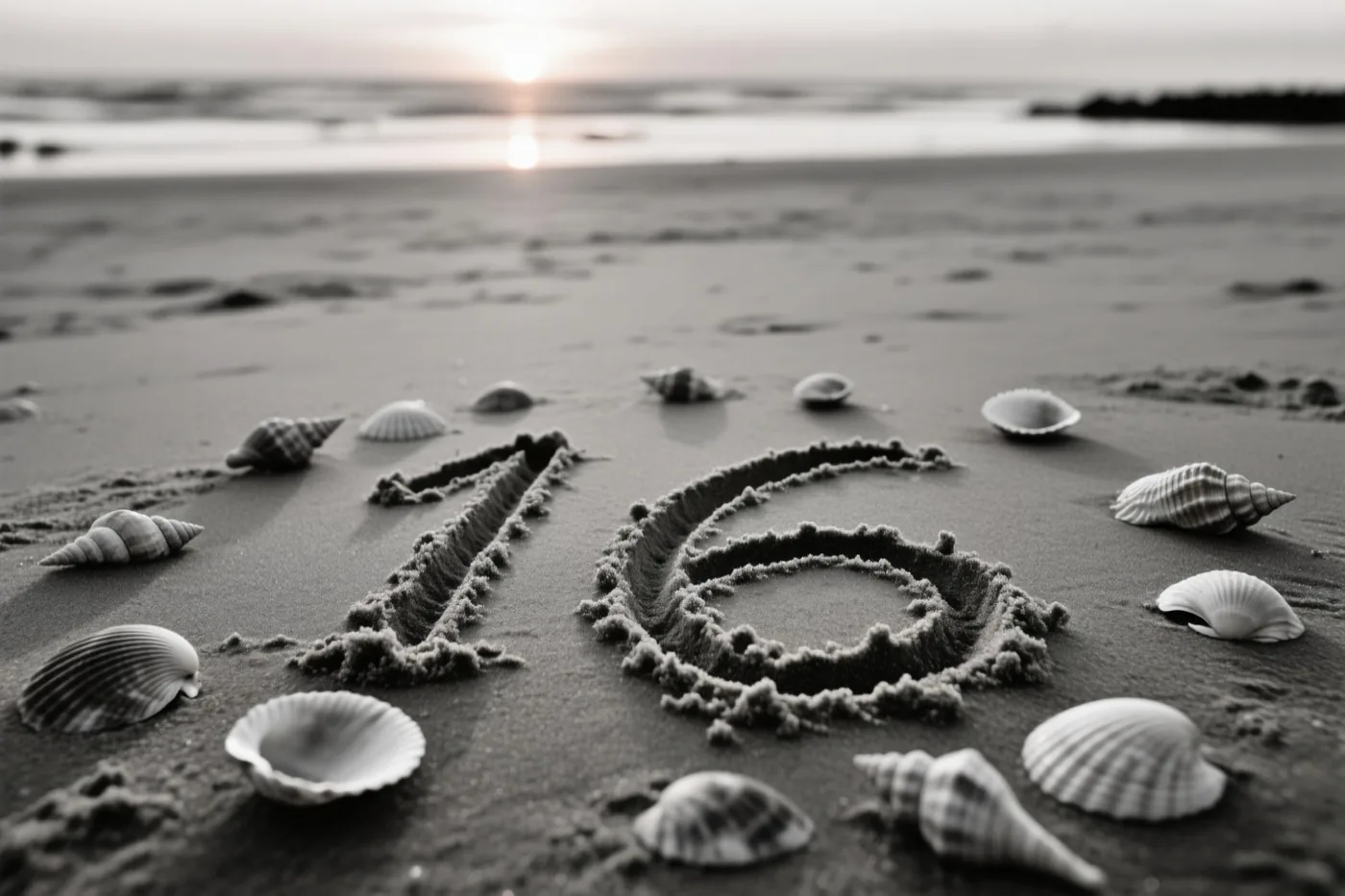 Op deze zwart-witfoto staat het getal 16 in het zand op een strand bij zonsondergang, met schelpen errond.