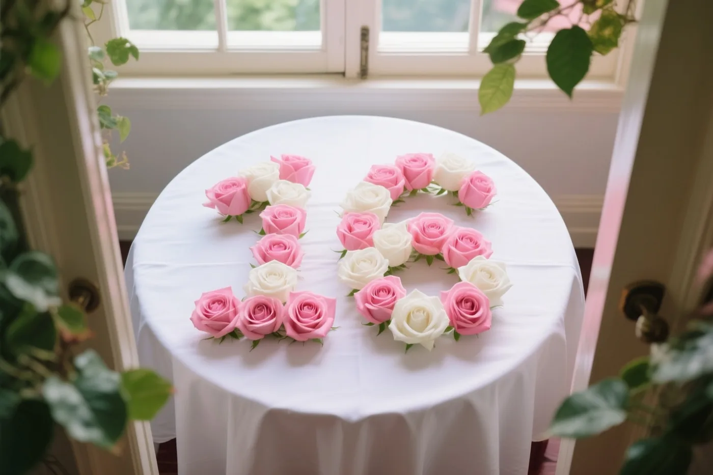 Van bovenaf is het getal 16 van roze en witte rozen te zien op een wit tafelkleed binnenshuis bij een raam, met groene bladeren langs de randen.
