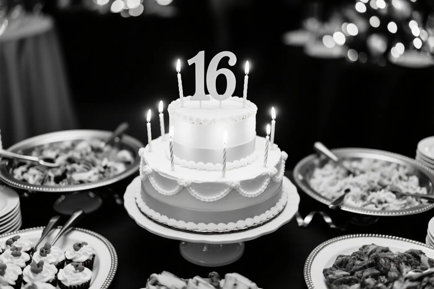 Op een zwart-witfoto staat een taart met twee verdiepingen, brandende kaarsjes en een papieren 16 op een buffettafel tussen andere gerechten, met onscherpe lichtjes op de achtergrond.