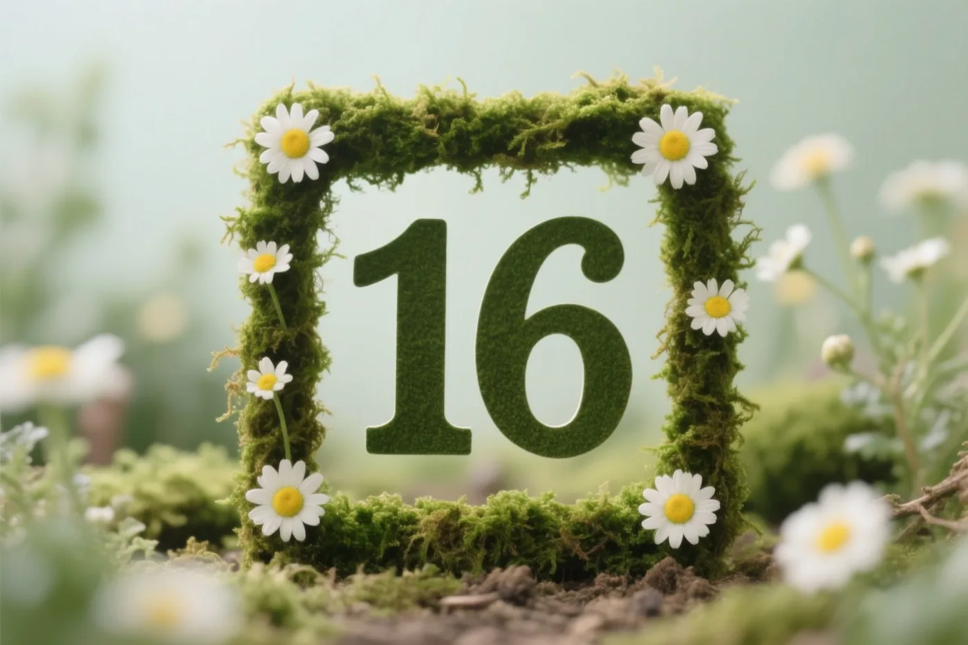 Een uit mos gesneden 16 staat in een moskader met madeliefjes in een landelijke tuin.