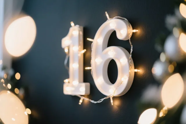 Warme lichtslingers vormen het getal 16 op een donkere muur, met onscherpe feestlichtjes op de achtergrond.