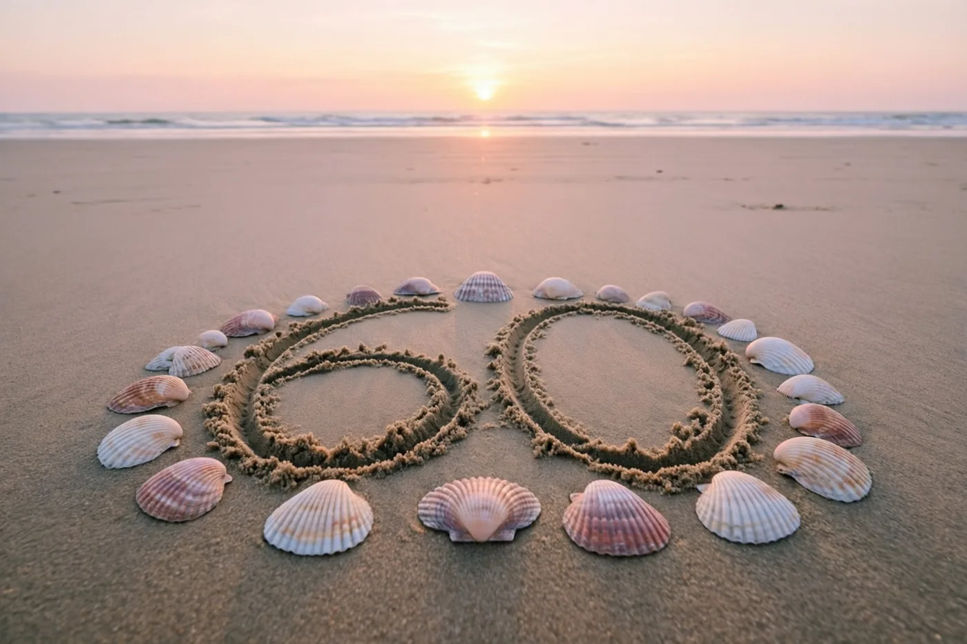 Het getal 60 staat in het zand van een strand tussen schelpen, in roze en oranje licht bij zonsondergang.