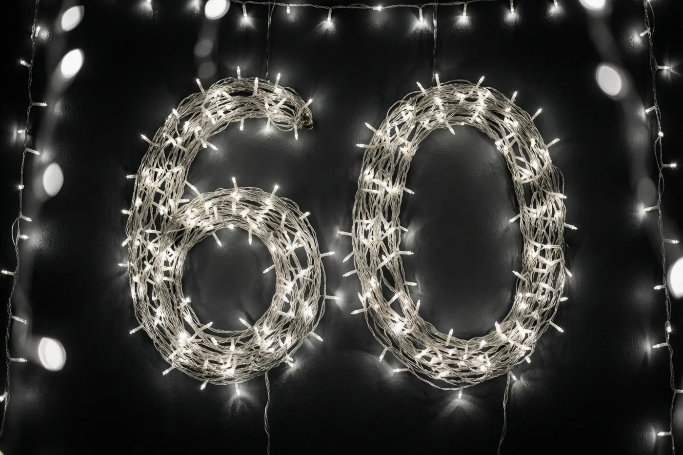 Warmwitte lichtjes vormen 60 tegen een donkere muur, met onscherpe lichtvlekken op de zwarte achtergrond.