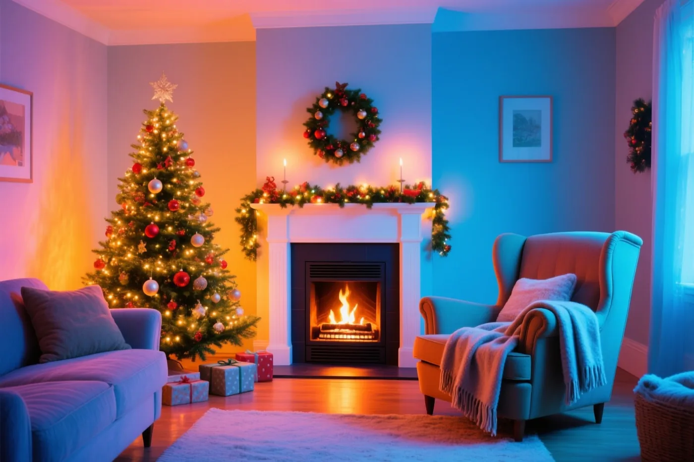 Een warm verlichte woonkamer in blauwe, oranje en rode tinten bevat een kerstboom met lichtjes en versiering, een brandende haard en een zetel met een deken.