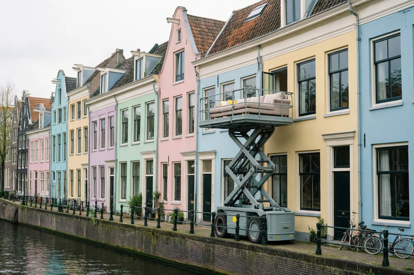 Een grijze schaarlift tilt een beige zetel naar een balkonraam bij pastelkleurige huizen die weerspiegelen in een kalm kanaal onder een bewolkte hemel.