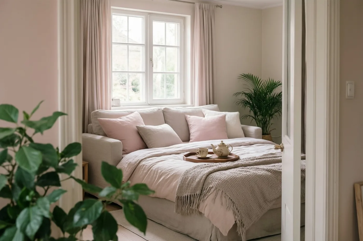 Een zetel is als bed ingericht met kussens, een deken en een dienblad met thee in een woonkamer met zachtroze en beige tinten en daglicht door het raam.