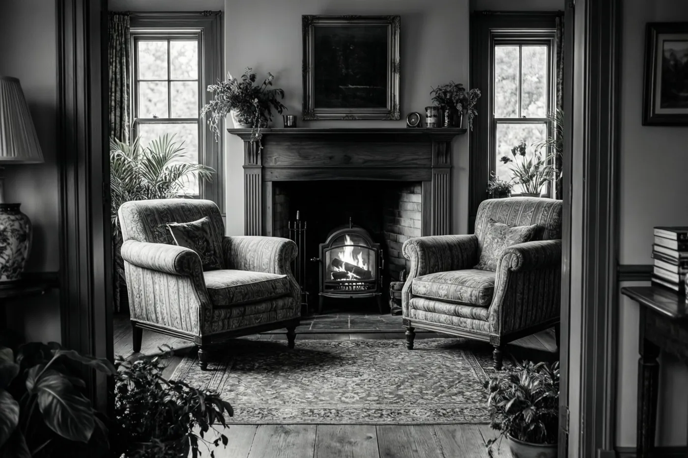 Op een zwart-witfoto staan twee fauteuils met een patroon tegenover elkaar bij een brandende houtkachel in een kamer met planten, ingelijste kunst en ramen.