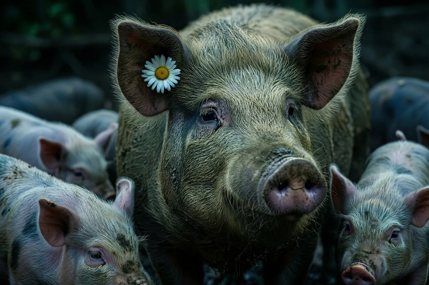 Een modderige zeug met een wit madeliefje bij haar oor is van dichtbij te zien tussen haar biggetjes in een donkere, natuurlijke omgeving.