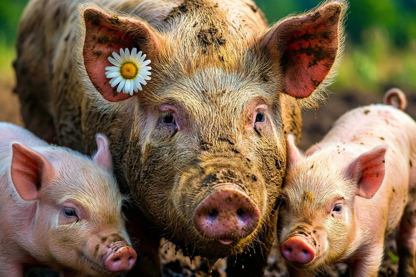 Een modderige zeug met een wit madeliefje met geel hart achter haar oor staat naast twee biggetjes, met groen op de achtergrond.