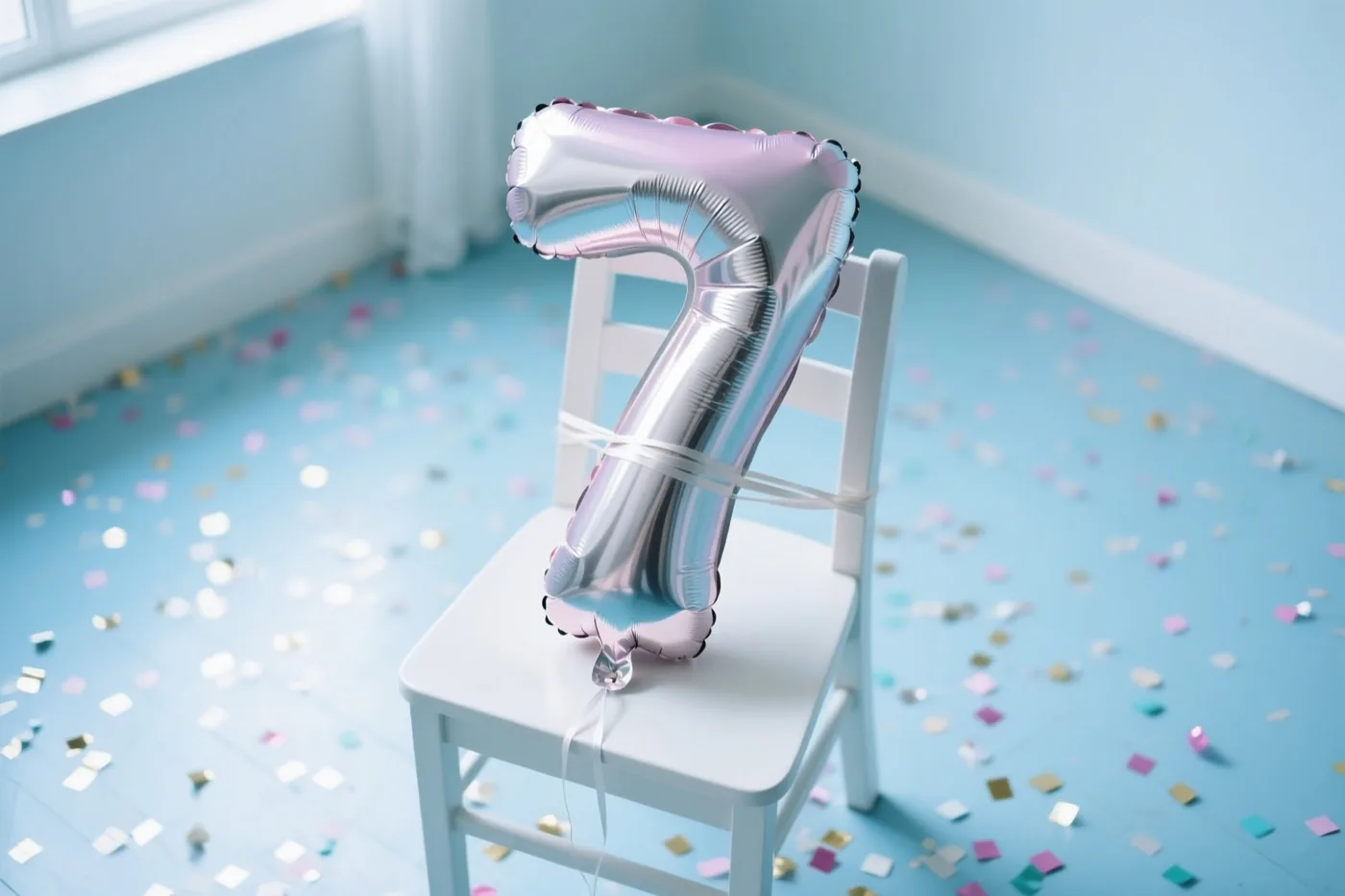 Een zilver- en pastelkleurige ballon in de vorm van een 7 hangt aan een witte stoel in een lichte kamer met confetti op de blauwe vloer.