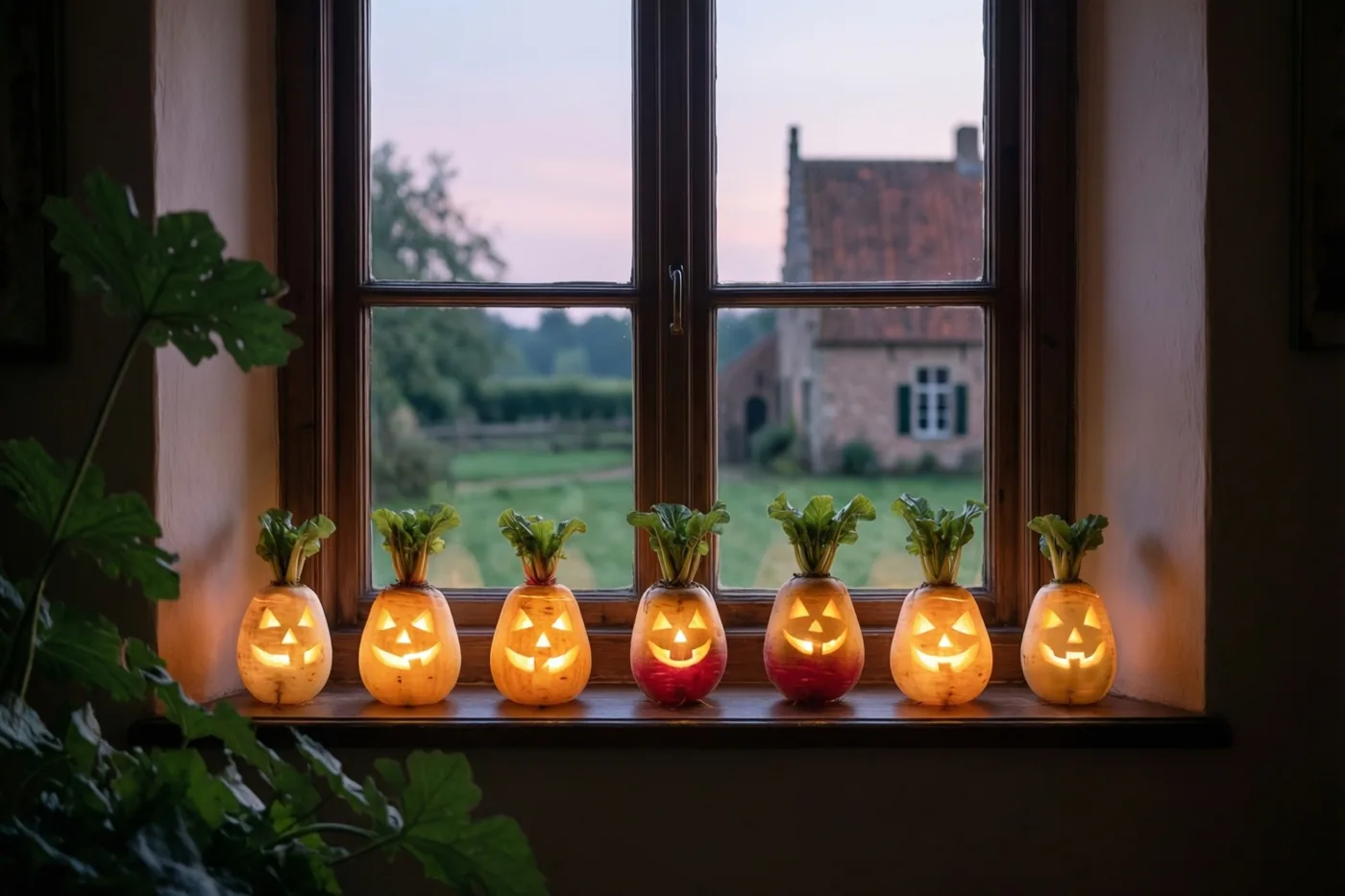 Zeven uitgesneden suikerbieten met lichtgevende gezichten staan op een houten vensterbank, met door het raam een landelijk landschap en een stenen boerderij bij schemering.