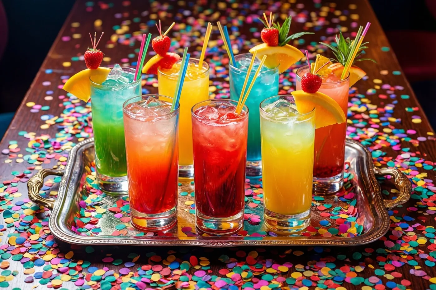 Op een zilveren dienblad staan zeven hoge glazen met kleurrijke cocktails en fruitgarnering op een houten tafel met veelkleurige confetti.