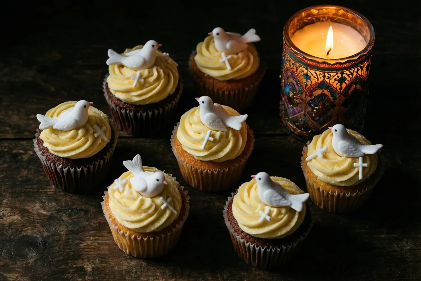 Zeven cupcakes met geel glazuur, witte suikerduifjes en kleine kruisjes staan op donker hout naast een brandende sierkaars in een versierde glazen houder.