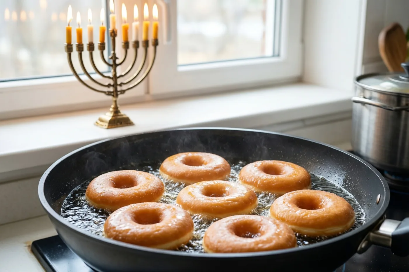 Zeven donuts bakken in hete olie in een zwarte koekenpan op het fornuis, met daarachter een kandelaar met negen brandende kaarsen op de vensterbank.