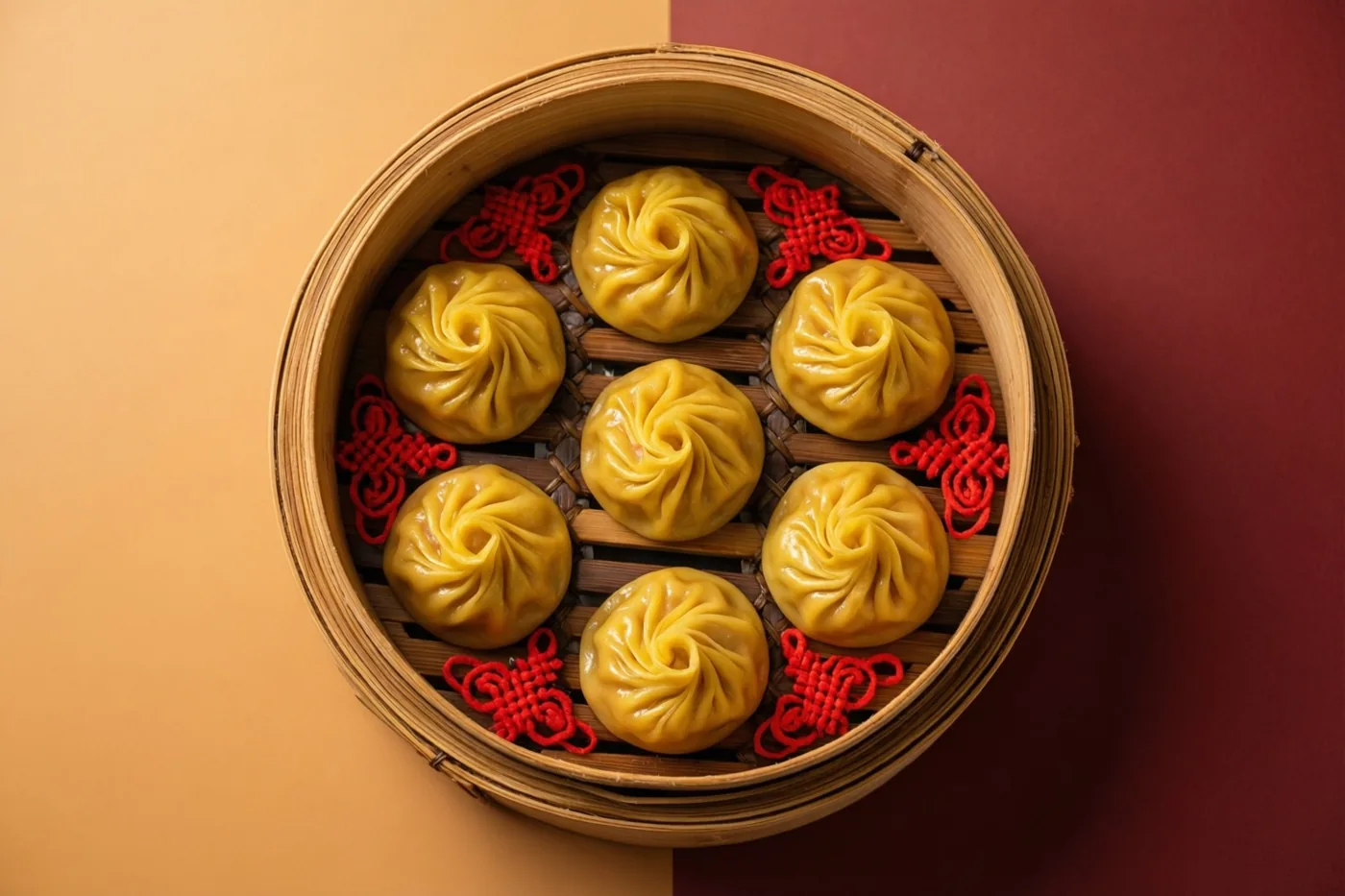 Zeven goudkleurige dumplings in de vorm van goudstaven liggen in een bamboe stoommandje, met rode sierknopen eromheen tegen een tweekleurige achtergrond.