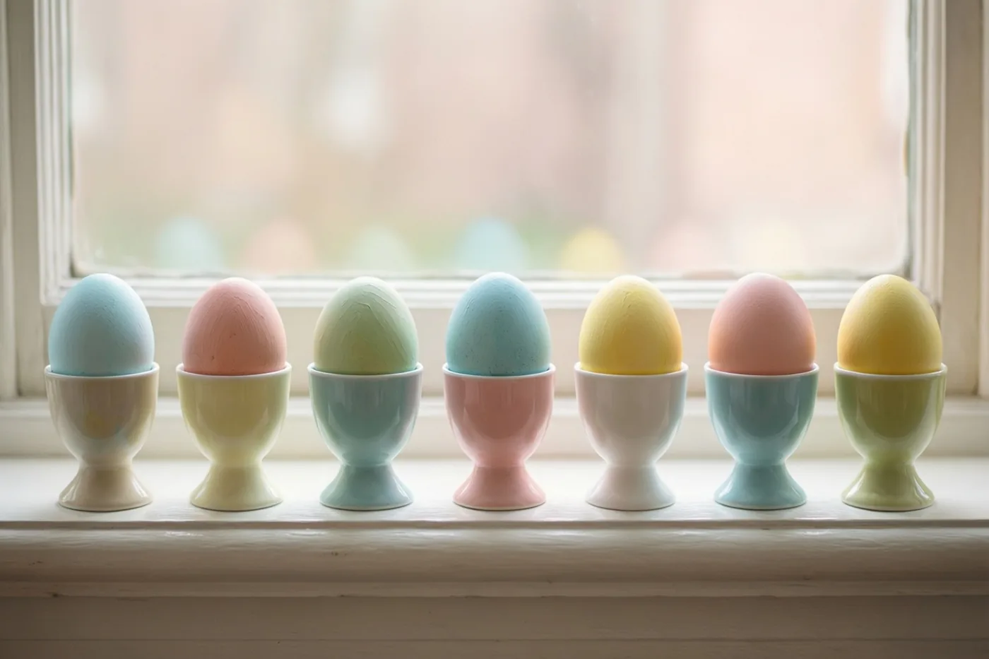 Zeven handbeschilderde eieren in pasteltinten staan in verschillende keramieken eierdopjes op een witte vensterbank in zacht daglicht.