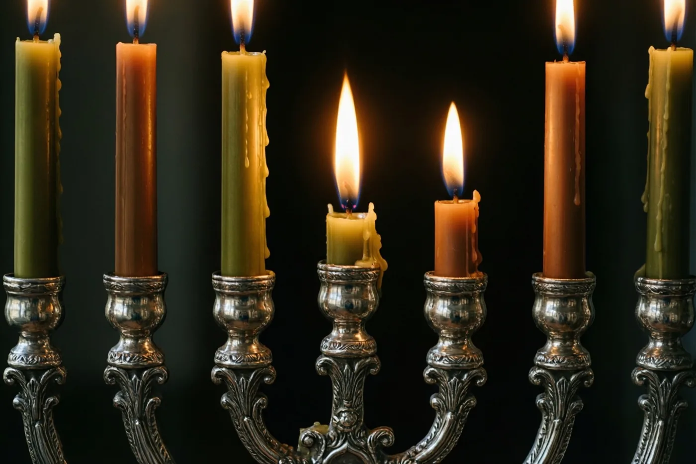 Een zilveren menora met zeven brandende kaarsen is van dichtbij te zien tegen een donkere achtergrond, met warm geeloranje licht rond de middelste vlam.