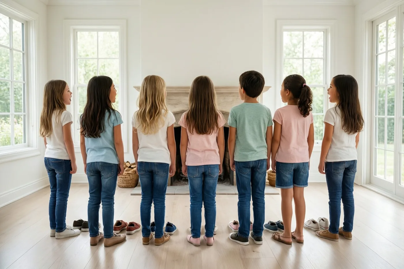 Zeven kinderen staan met hun rug naar de camera op een rij te zingen voor een haard in een lichte kamer met witte muren.