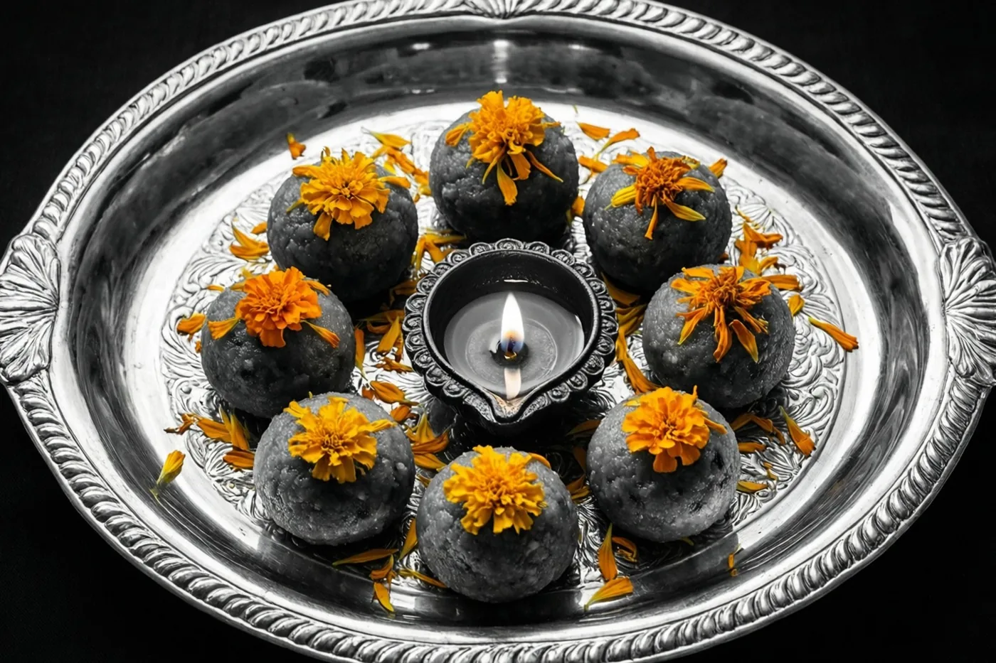 Zeven donkere laddoos met oranje bloemen liggen rond een brandend olielampje op een zilverkleurig dienblad tegen een zwarte achtergrond, in een verder monochroom beeld.