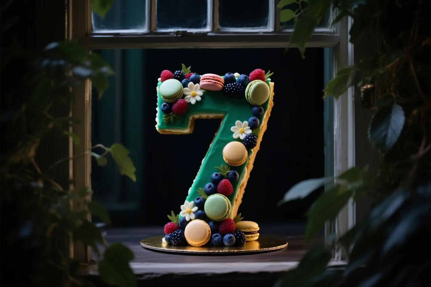 Op een vensterbank staat een taart in de vorm van een 7 met bessen, macarons en eetbare bloemen, omlijst door groen en verlicht door zacht daglicht tegen een donkere achtergrond.
