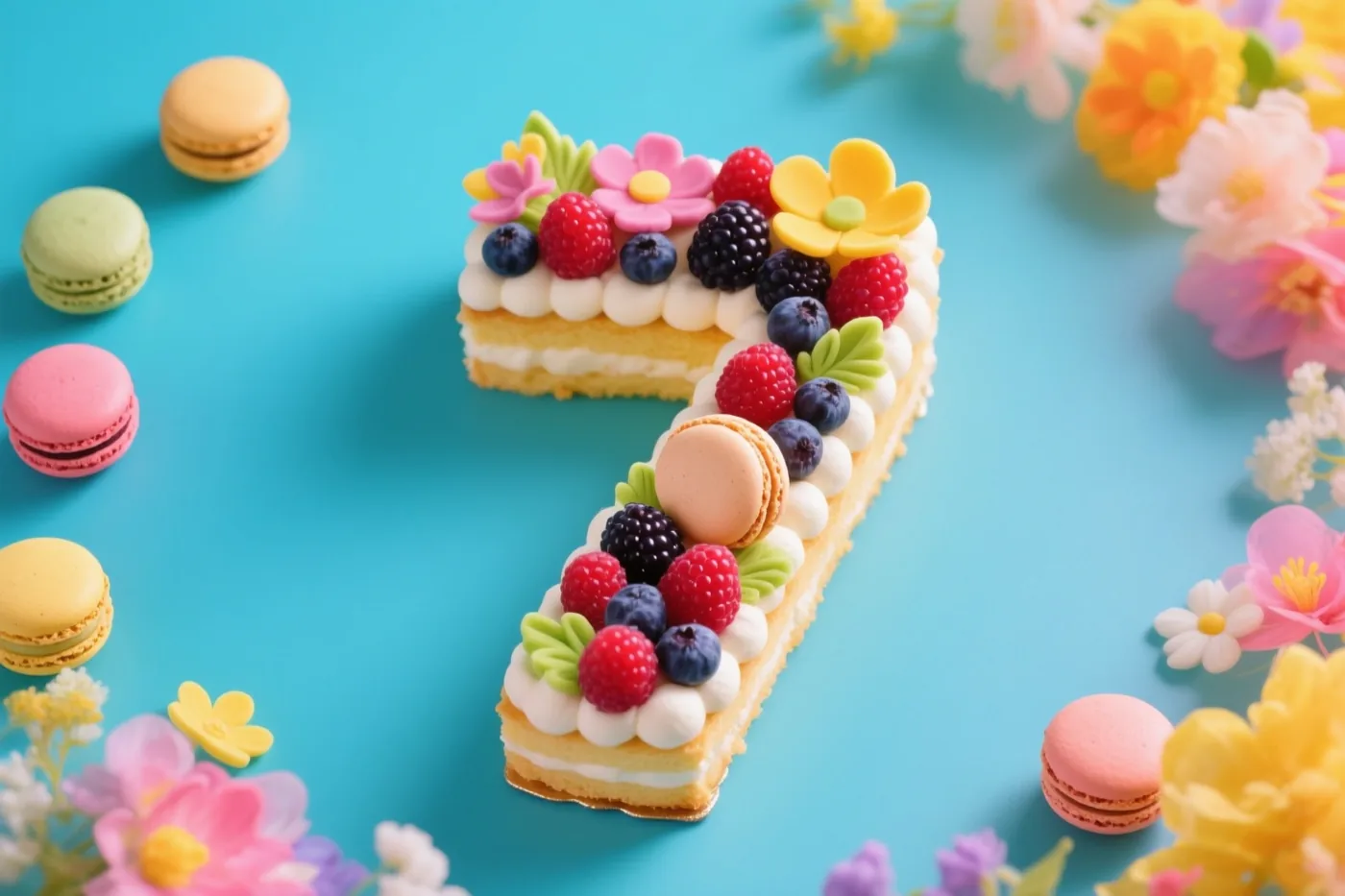 Een taart in de vorm van een 7 is versierd met bessen, macarons en eetbare bloemen tegen een felblauwe achtergrond.
