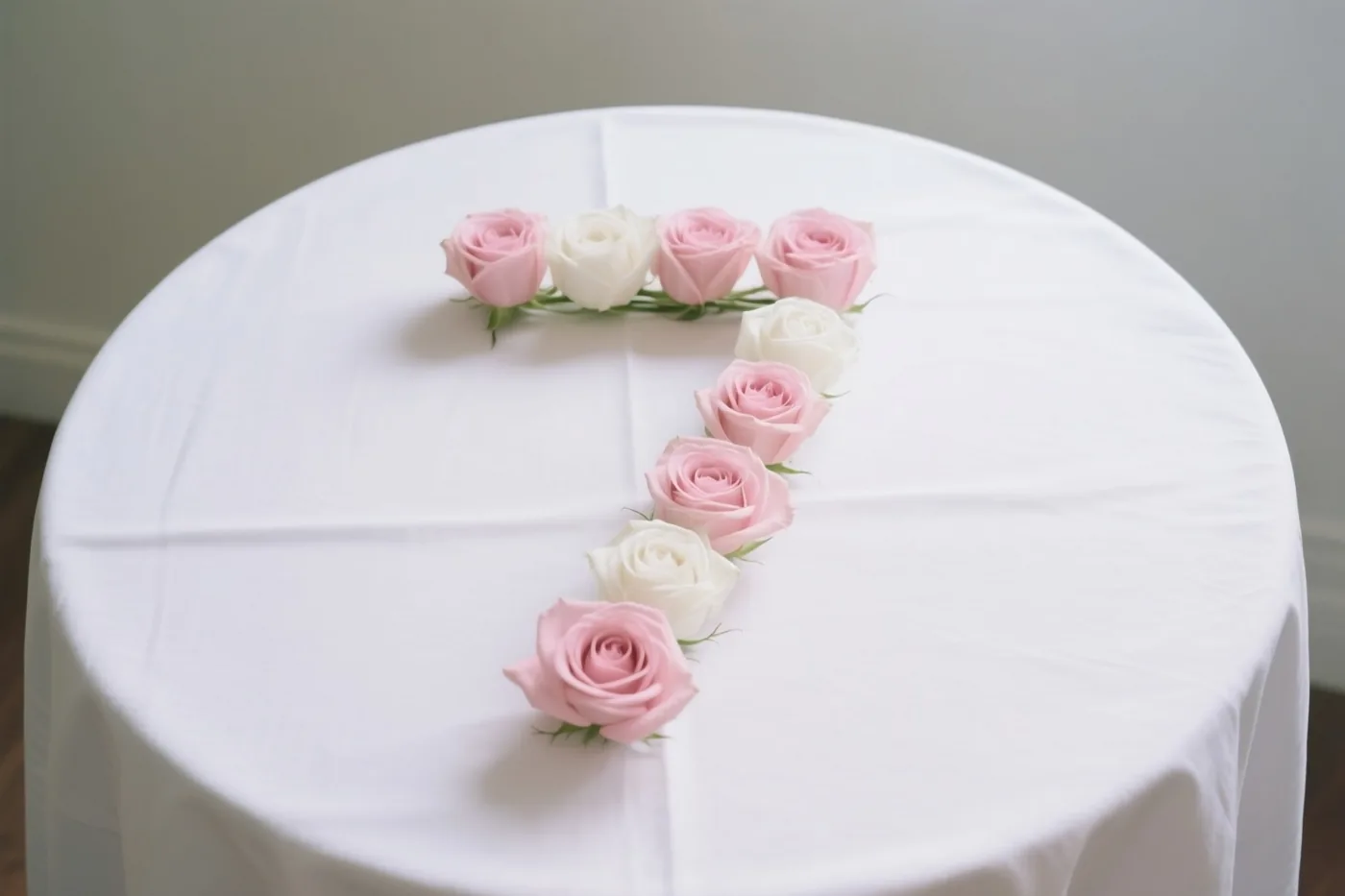 Van bovenaf zie je het cijfer 7 van afwisselend roze en witte rozen op een wit tafellaken in zacht licht.