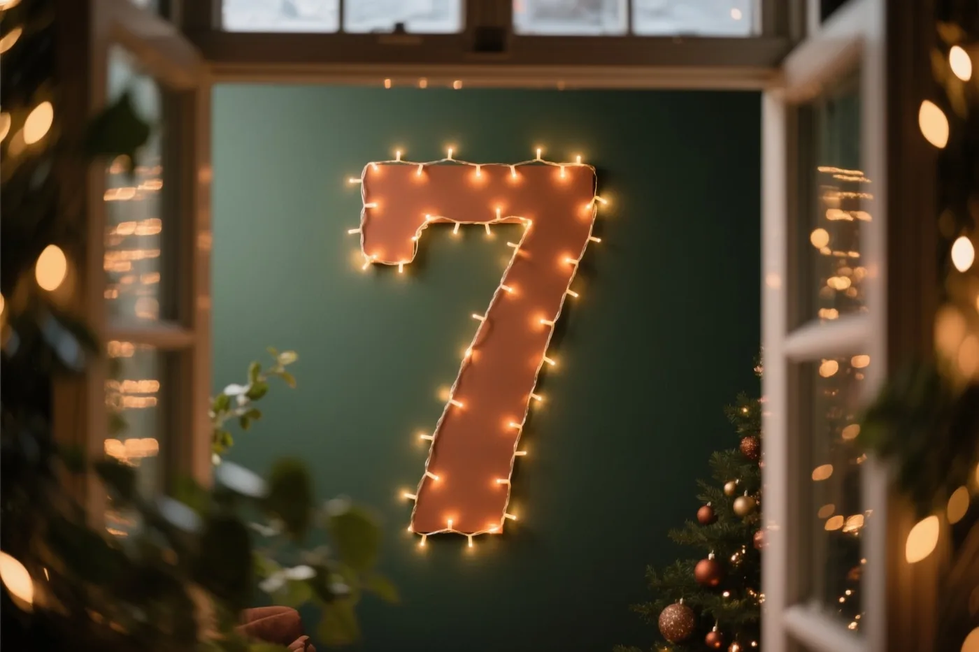 Door een raam zie je een grote 7 van warme lichtjes aan een donkergroene muur, met onscherpe lichtjes vooraan en een versierde kerstboom rechts.
