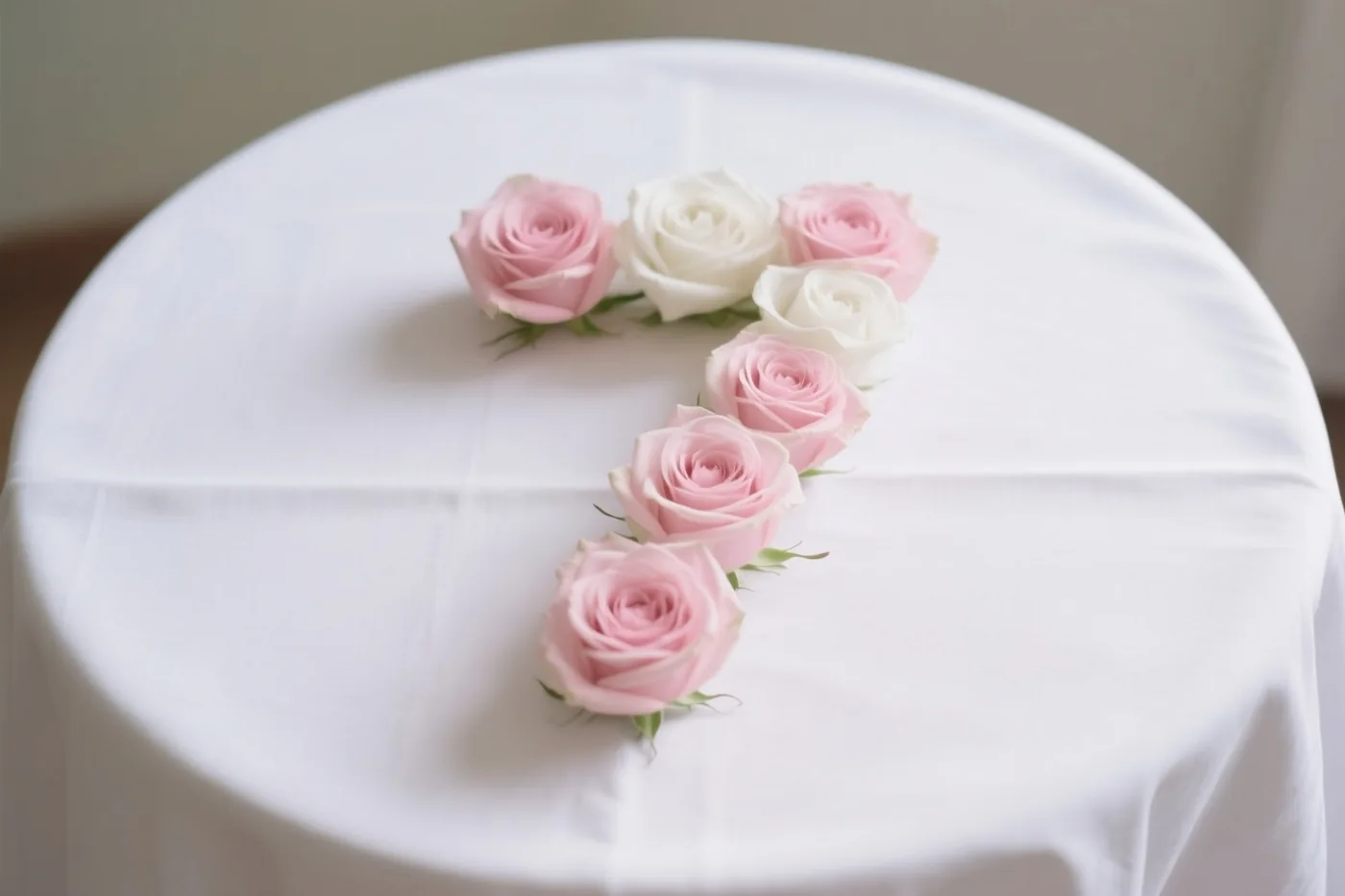 Roze en witte rozen vormen het cijfer 7 op een wit tafellaken, van bovenaf gezien.