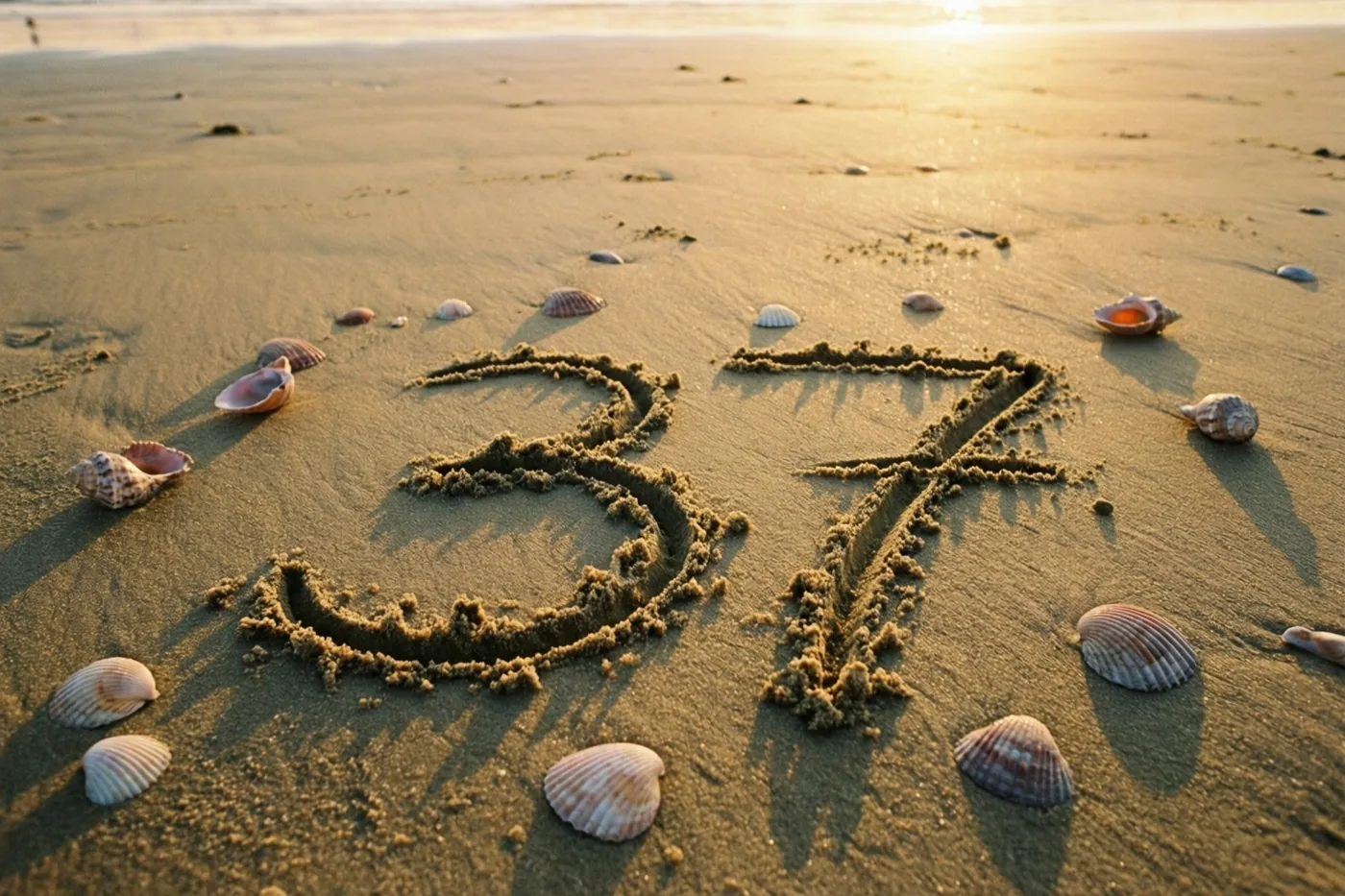 Het getal 37 staat in het strandzand tussen verspreide schelpen, in goudkleurig licht bij zonsondergang.