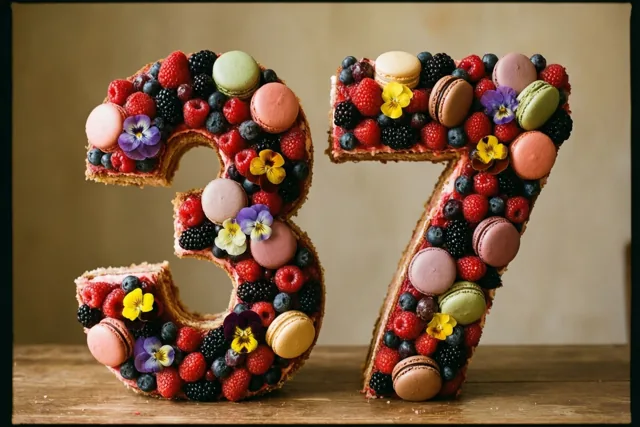 Een taart in de vorm van 37 ligt op een houten ondergrond en is versierd met bessen, macarons en eetbare bloemen.