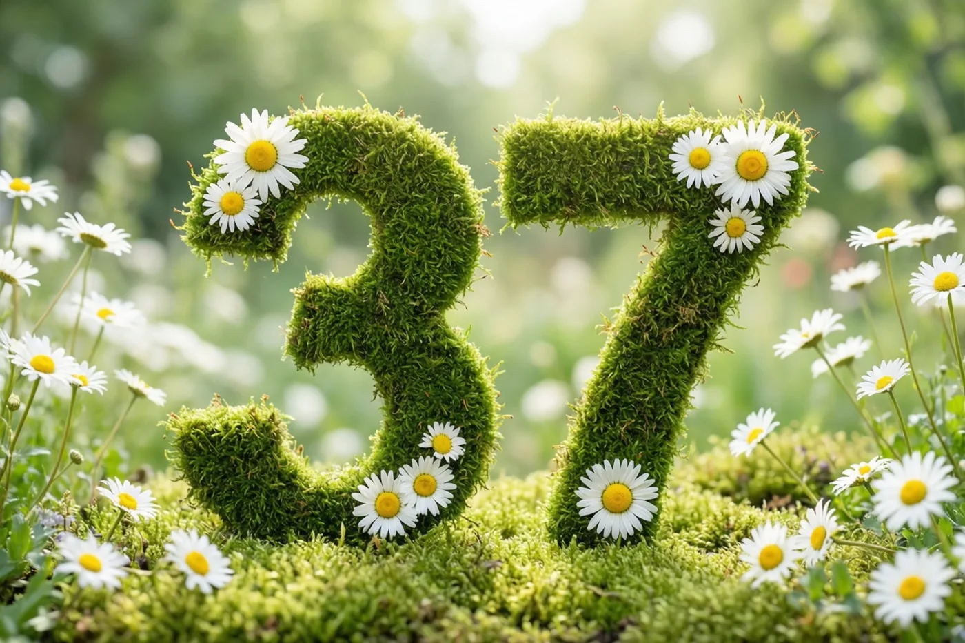 Het getal 37 is gemaakt van groen mos met witte madeliefjes en staat in een landelijke tuin tegen een onscherpe natuurlijke achtergrond.