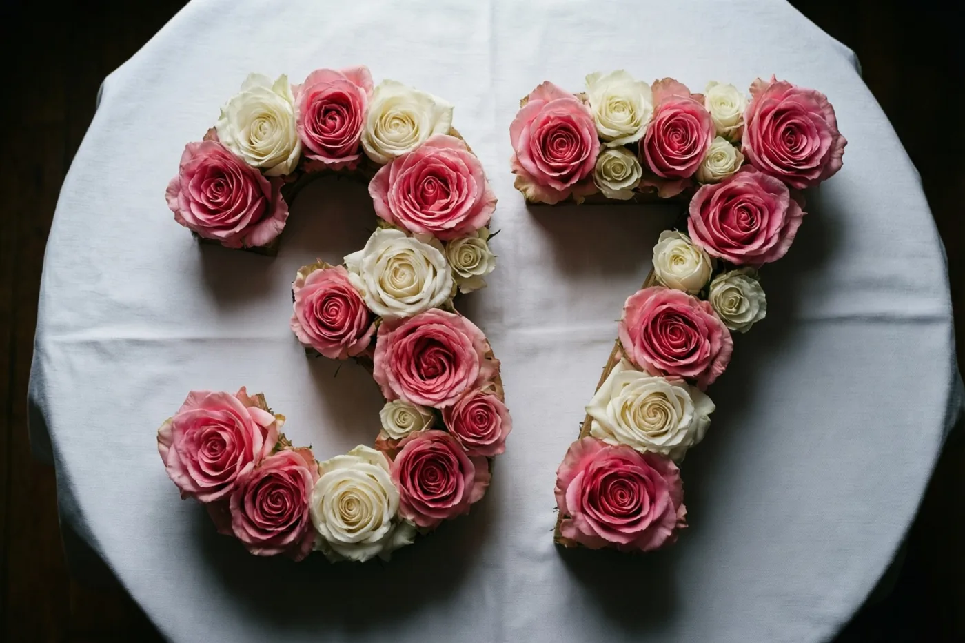 Roze en witte rozen vormen het getal 37 op een wit tafelkleed, van bovenaf gezien in zacht licht.