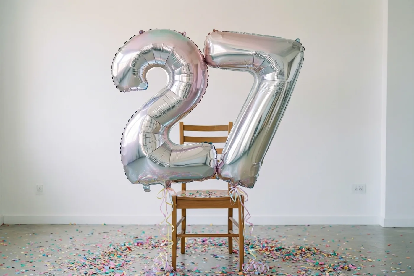 Grote zilver- en pastelkleurige cijferballonnen vormen 27 aan een houten stoel in een lichte sobere kamer, met gekleurde confetti op de vloer.