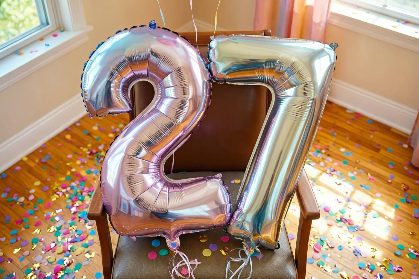 Glanzende cijferballonnen in de vorm van 2 en 7 zijn aan een houten stoel vastgebonden in een zonnige kamer met gekleurde confetti op de vloer.