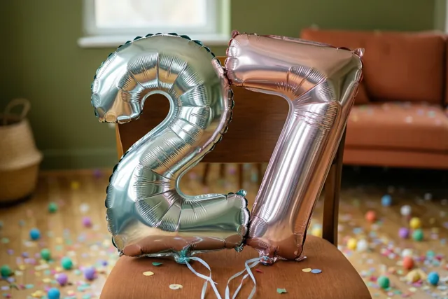 Zilveren en roségouden folieballonnen vormen 27 aan een stoel in een kamer met groene muren en confetti op de houten vloer.