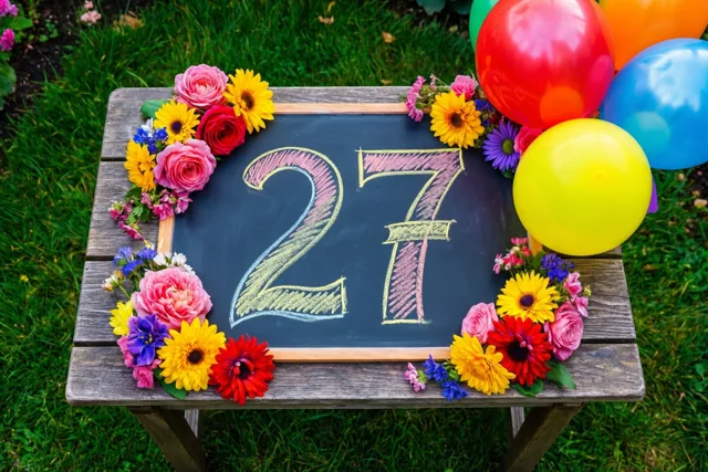 Een krijtbord met 27 in gekleurd krijt staat op een houten tuintafel tussen bloemen en ballonnen op een groen gazon.