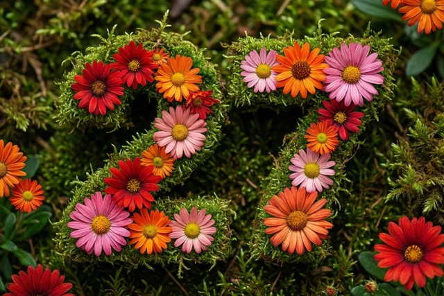 Een groen raamwerk van mos vormt het getal 27, versierd met rode, oranje en roze madeliefjes in een landelijke tuin.