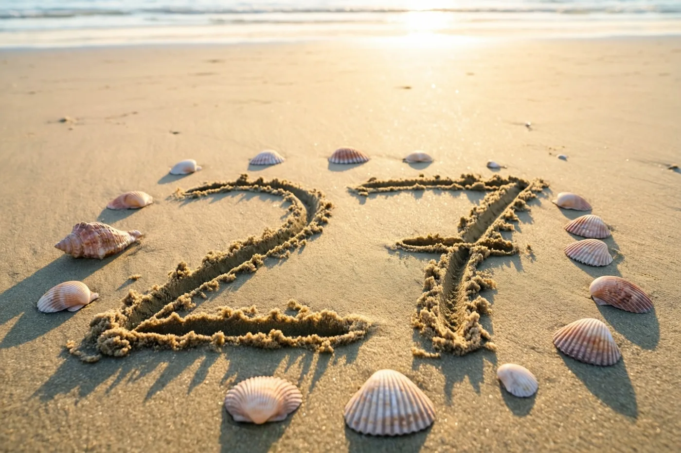 Het getal 27 staat in het strandzand tussen verspreide schelpen, met een kalme zee op de achtergrond bij een goudkleurige zonsondergang.