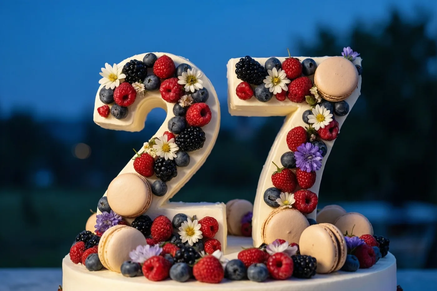 Een taart in de vorm van 27 is versierd met frambozen, bramen, blauwe bessen, macarons en eetbare bloemen tegen een onscherpe blauwe schemerachtergrond.