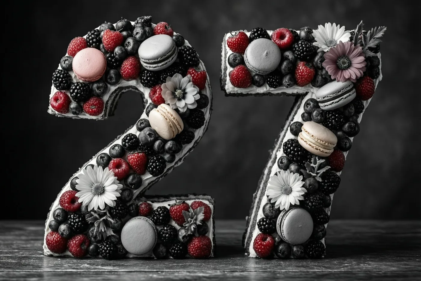 Een taart in de vorm van 27 is versierd met frambozen, bramen, macarons en eetbare bloemen op een houten ondergrond tegen een donkere achtergrond.