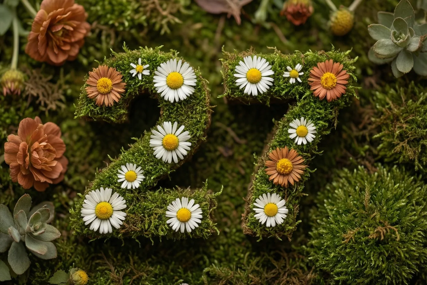 Een met mos begroeide haag vormt het getal 27 en is versierd met witte madeliefjes en oranje bloemen, tussen mos en vetplanten in een landelijke tuin.