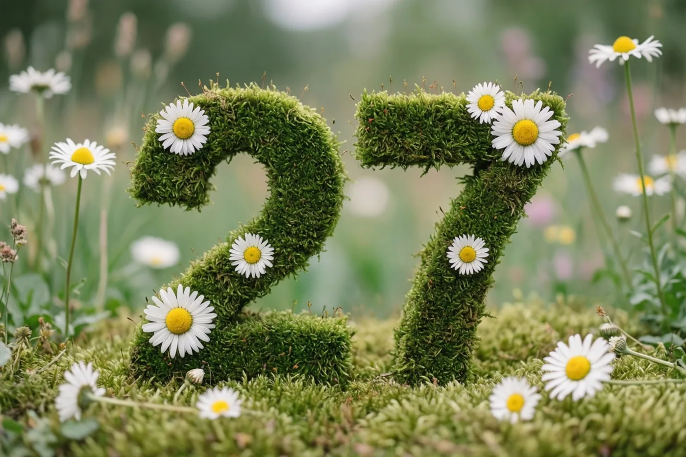 Het getal 27 van groen mos is versierd met witte madeliefjes en staat in een landelijke tuin met onscherpe bloemen op de achtergrond.