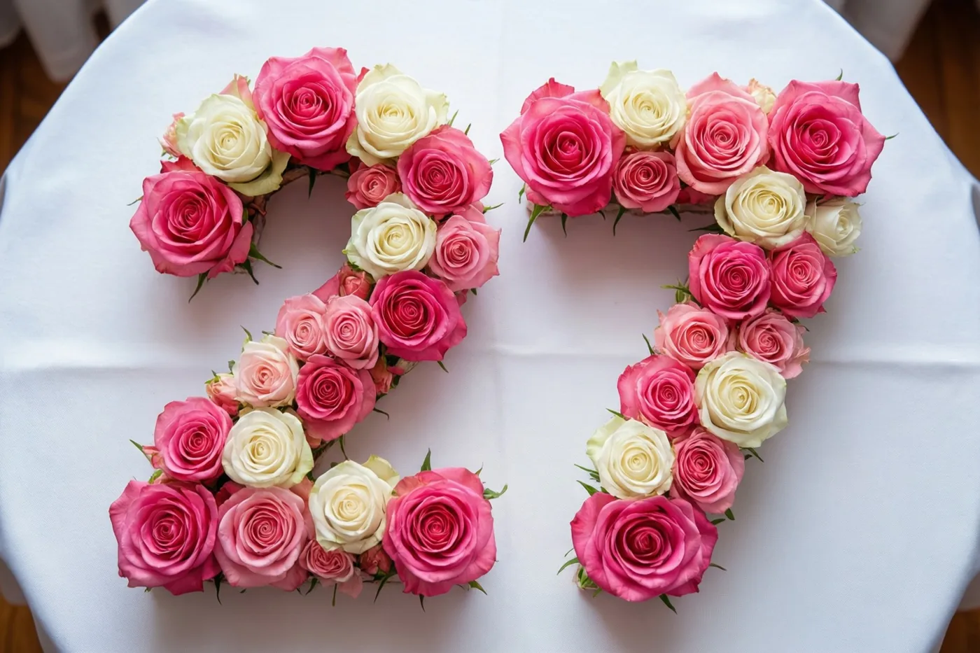 Roze en witte rozen vormen het getal 27 op een wit tafelkleed, recht van bovenaf gezien.