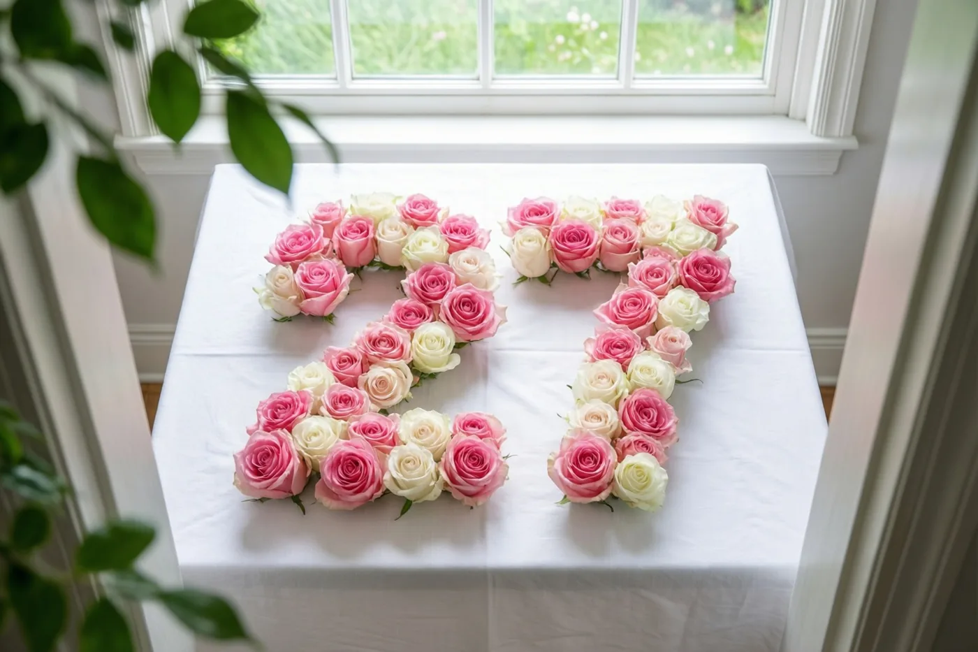 Roze en witte rozen vormen 27 op een wit tafelkleed bij een raam, met groen op de voorgrond en achtergrond, van bovenaf gezien.