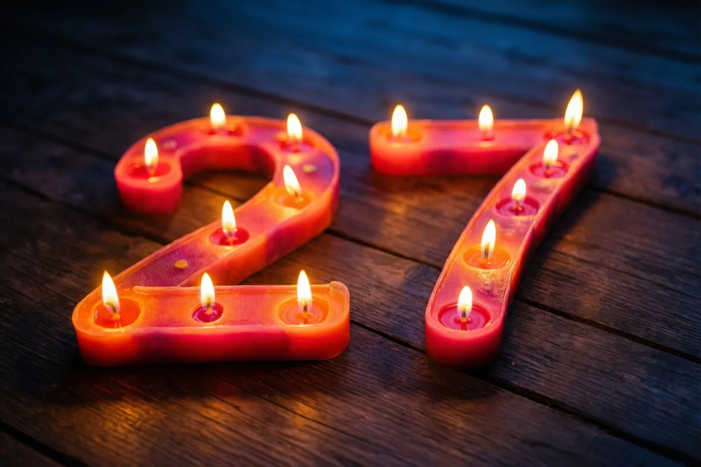 Brandende theelichtjes vormen het getal 27 op een donkere houten vloer.