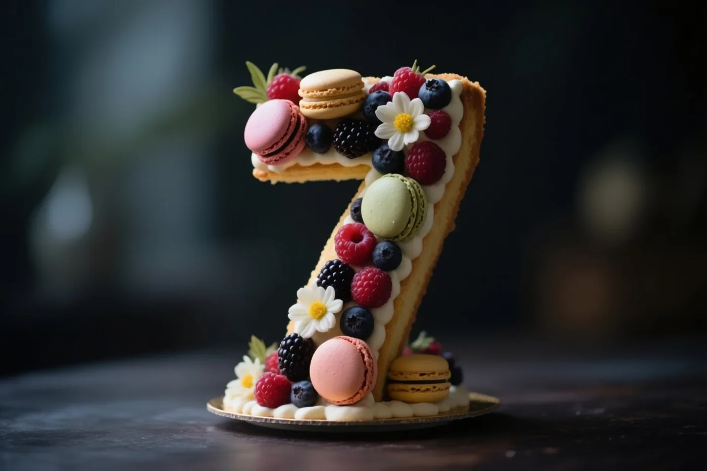 Een taart in de vorm van een 7, versierd met bessen, macarons en eetbare bloemen, staat op een donker oppervlak tegen een donkere achtergrond met onscherpe lichtjes.